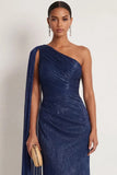 Navy Mermaid One Shoulder Ruched Long Formal Dress