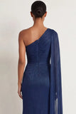 Navy Mermaid One Shoulder Ruched Long Formal Dress