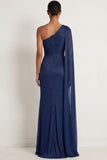 Navy Mermaid One Shoulder Ruched Long Formal Dress