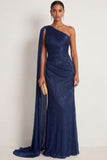 Navy Mermaid One Shoulder Ruched Long Formal Dress