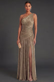 One Shoulder Gold Sheath Ruched Long Formal Dress with Slit