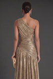 One Shoulder Gold Sheath Ruched Long Formal Dress with Slit