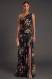 One Shoulder Gold Sheath Ruched Long Formal Dress with Slit