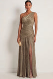 Leely Women One Shoulder Gold Sheath Long Formal Dress with Slit Ruched Sleeveless Backless Wedding Guest Dress