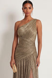 One Shoulder Gold Sheath Ruched Long Formal Dress with Slit