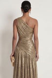 One Shoulder Gold Sheath Ruched Long Formal Dress with Slit