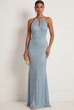Sky Blue Halter Neck Mermaid Sleeveless Maxi Formal Dress