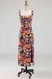 Sparkly Sequined Sheath Black Floral Thick Straps Long Formal Dress with Slit