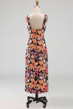Sparkly Sequined Sheath Black Floral Thick Straps Long Formal Dress with Slit