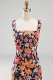 Sparkly Sequined Sheath Black Floral Thick Straps Long Formal Dress with Slit