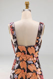 Sparkly Sequined Sheath Black Floral Thick Straps Long Formal Dress with Slit