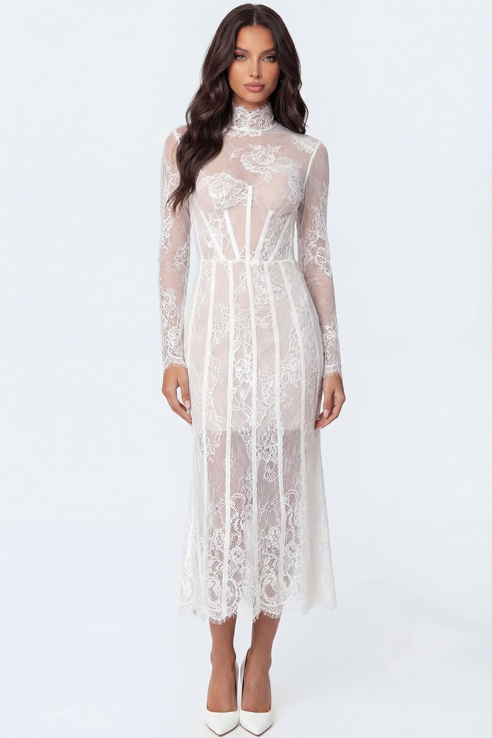 Leely Women Floral White Corset Sheath Long Engagement Dress Lace High