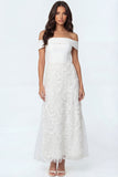 A Line White Off the Shoulder Floral Appliqued Long Engagement Dress
