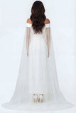White Lace Appliqued Long Bridal Shower Dress with Cape