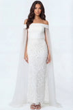 White Lace Appliqued Long Bridal Shower Dress with Cape