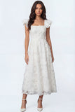 White A Line Floral Square Neck Ruffled Long Engagement Dress