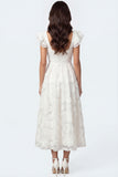 White A Line Floral Square Neck Ruffled Long Engagement Dress