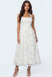 White Floral A Line Halter Neck Appliqued Long Bridal Shower Dress