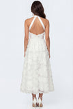 White Floral A Line Halter Neck Appliqued Long Bridal Shower Dress