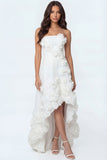 White High Low A Line Strapless Bridal Shower Dress with 3D Flower