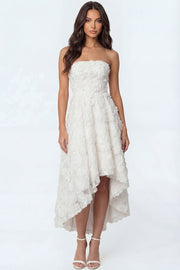 White Floral Strapless Appliqued High Low Bridal Shower Dress