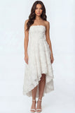 White Floral Strapless Appliqued High Low Bridal Shower Dress