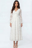 White Floral Appliqued V Neck Long Bridal Shower Dress