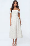 White Floral A Line Appliqued Off the Shoulder Long Engagement Dress
