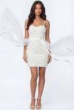 White Bodycon Floral Spaghetti Straps Short Engagement Dress