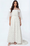 Floral White Long Illusion Neck A Line Long Bridal Shower Dress