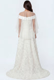 Floral White Long Illusion Neck A Line Long Bridal Shower Dress