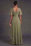 Dusty Sage V Neck Short Sleeves Ruffled Long Formal Dress