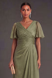 Dusty Sage V Neck Short Sleeves Ruffled Long Formal Dress