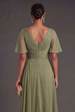 Dusty Sage V Neck Short Sleeves Ruffled Long Formal Dress