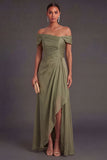 Dusty Sage Sheath Off the Shoulder A Line Long Formal Dress with Cape