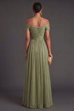 Dusty Sage Sheath Off the Shoulder A Line Long Formal Dress with Cape