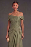 Dusty Sage Sheath Off the Shoulder A Line Long Formal Dress with Cape