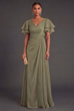 Dusty Sage Sheath V Neck Ruched Long Formal Dress