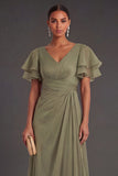 Dusty Sage Sheath V Neck Ruched Long Formal Dress