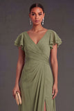 Ruched Dusty Sage Sheath V Neck Long Formal Dress