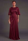 Red Sheath Satin Round Neck Ruched Long Formal Dress