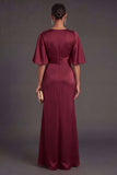 Red Sheath Satin Round Neck Ruched Long Formal Dress