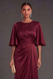Red Sheath Satin Round Neck Ruched Long Formal Dress