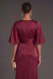 Red Sheath Satin Round Neck Ruched Long Formal Dress