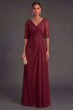 Red Sheath V Neck Short Sleeves Ruched Long Wedding Guets Dress