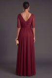 Red Sheath V Neck Short Sleeves Ruched Long Wedding Guets Dress