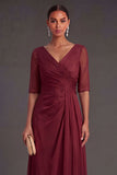 Red Sheath V Neck Short Sleeves Ruched Long Wedding Guets Dress