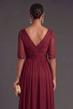 Red Sheath V Neck Short Sleeves Ruched Long Wedding Guets Dress