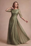 Dusty Sage A Line Round Neck Half Sleeves Long Mother of the Bride Dress