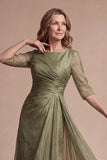 Dusty Sage A Line Round Neck Half Sleeves Long Mother of the Bride Dress